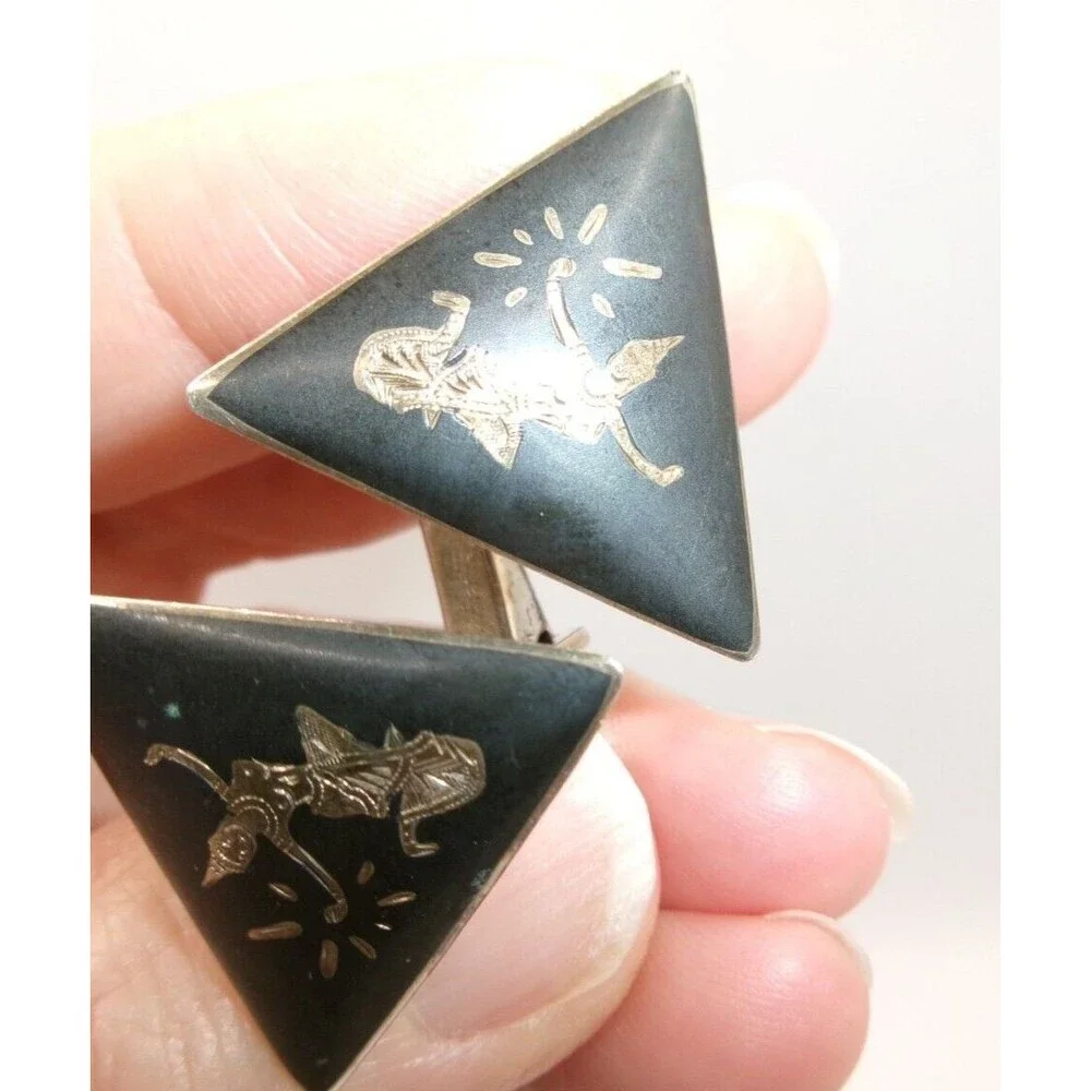 Vintage SIAM Sterling Cufflinks & Tie Clip Bali Dancer Black & Silver Triangles